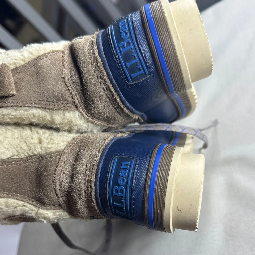 LL Bean Kids‎ Blue Tan Suede Faux Shearling Lined Duck Winter Boots size 1